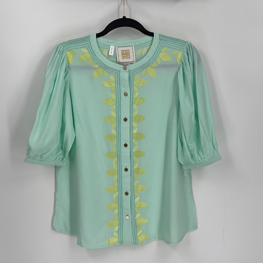 Emily McCarthy New Proper Top Yacca Lemon Mint Green Embroidered Blouse XS NEW